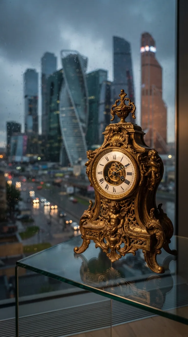 Бронзовые каминные часы на фоне небоскрёбов Москва-Сити